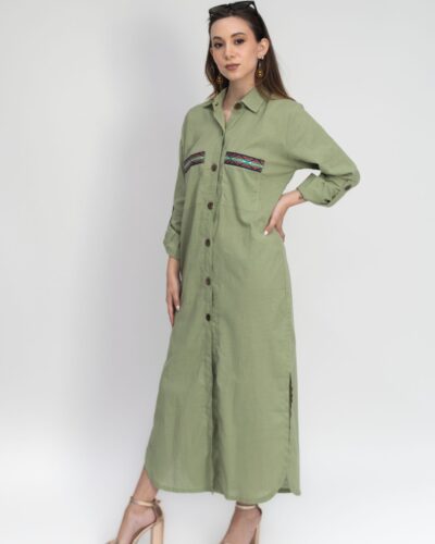 Vestido Camisero Algodón Verde