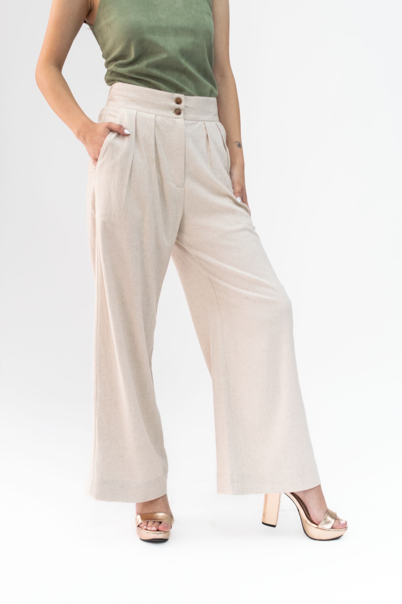 Pantalón Lino Beige con Botones