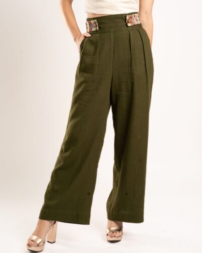 Pantalón Lino Verde con Cinturón Tejido