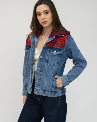 Chaqueta Jean Bordado flores Tonos Vinotinto