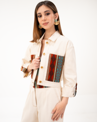 Chaqueta Algodón Beige con Bolsillos Tejidos