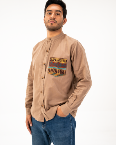 Camisa Caqui Cuello Mao con Bolsillo Tejido