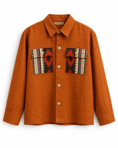 Sobrecamisa Lino Terracota con Bolsillos Tejidos