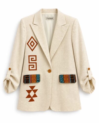 Blazer Lino Beige con Tejido y Arte Estampado